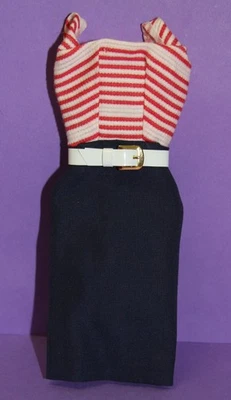 VESTIDO VINTAGE A RAYAS ROMANAS BARBIE #968 ROJO BLANCO con CINTURÓN BLANCO Repro Foto 1 de 2