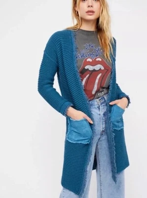 Free People Woodstock Cardigan Sweater Blue/Teal  Chunky Knit Boho Festival Sz M - Image 1 of 4