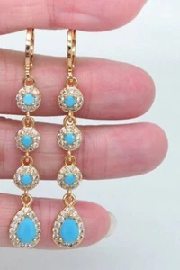 Pear Cut Simulated Blue Turquoise Pretty Drop Earrings In 14k Yellow Gold Plated - Picture 1 of 10