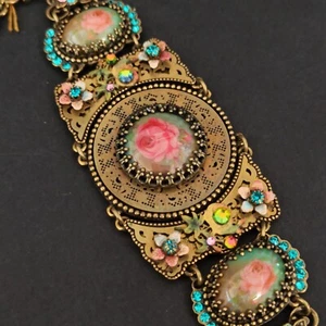 Michal Negrin Wide Bracelet Cabochon Roses Statement Flowers Victorian Crystals - Picture 1 of 22