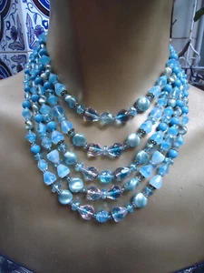Vintage 15.4" 1950s 5 Strand Turquoise Gripoix & Multi Hued Iris Glass Necklace - Picture 1 of 10
