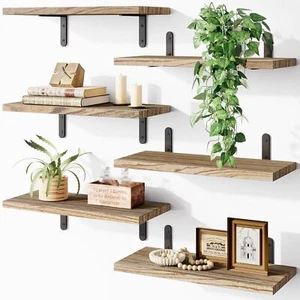 Set of 6 Rustic Brown Wood Floating Shelves Wall Decor Bedroom Bathroom Storage - Picture 1 of 7