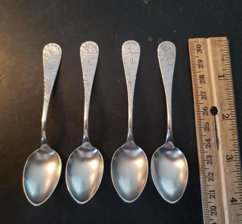 ANTIQUE ROSETTE by WHITING Set 4 Sterling Silver DEMITASSE SPOONS Gothic T Mono Cover