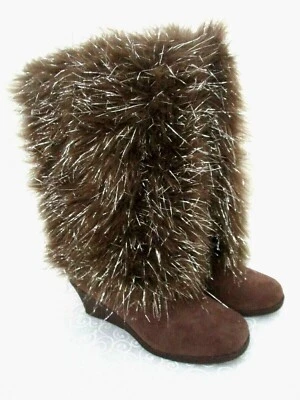 Joan Boyce Brown Shaggy Metallic Fur Wedge Boots Size 8.5M New with Box Winter - Image 1 of 4