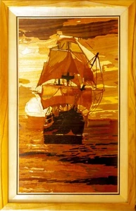 Velero Paisaje Marino Madera Decoración del Hogar Estilo Rústico Incrustación enmarcada - Imagen 1 de 15