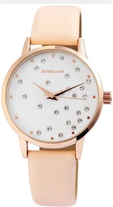 Watch Wrist Women's Bracelet Faux Leather Gold Rose Beige Rhinestone Glitter - Picture 1 of 1