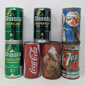 Colección de latas de refresco de acero Coca Cola Diamond Coke Shasta RC 7up envejecidas de colección - Imagen 1 de 18