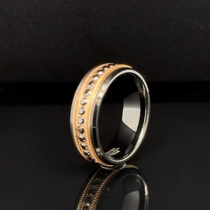 Black Tungsten Carbide 8mm Ring CZ Stones With Rose Gold Polished His & Her Band - Picture 1 of 4