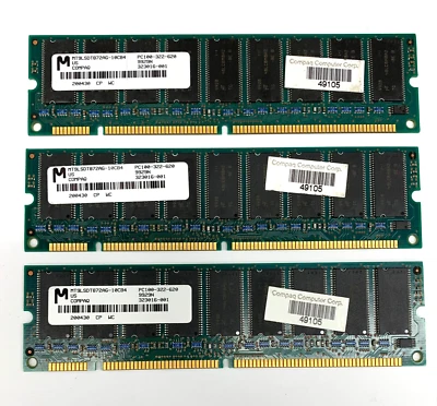 Lote de 3 MEMORIA SDRAM COMPAQ PC100 PC100-322-620 P/N: 323016-001 49105 De colección Foto 1 de 2