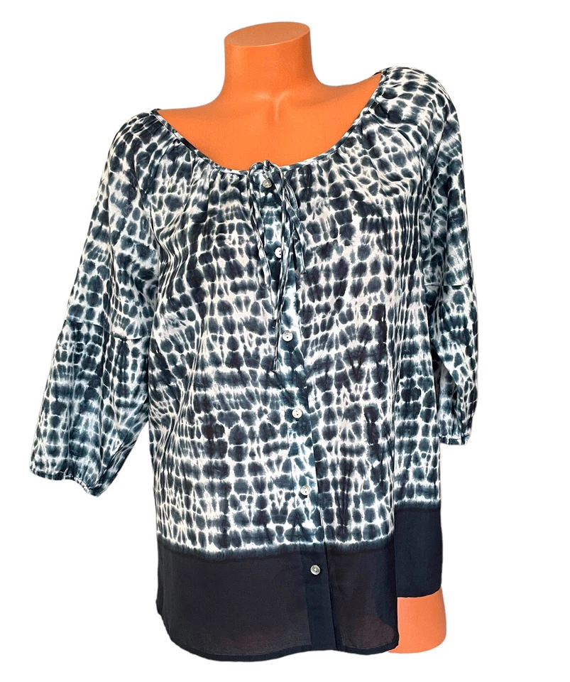 Colección NY Talla XL Azul Blanco Corbata Teñida Mezcla Seda Manga 3/4 Botones Cuello Redondo Foto 1 de 4