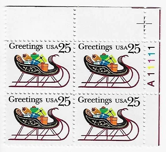 US Greetings Sleigh 25c Stamp Plate Block of 4 Scott #2428 - Image 1 of 1