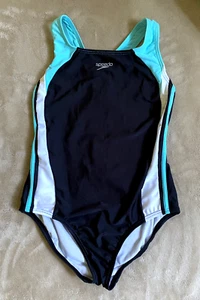 Girls Speedo One Piece Swimsuit Size 12 Excellent Side Stripes RacerBack Blue - Picture 1 of 6