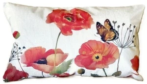 12"x20" Linen Garden Red Summer Poppies Butterfly Floral Throw Pillow Cover New - Picture 1 of 4