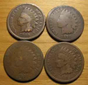 LOTE DE (4) CENTAVOS CABEZA INDIA 1869 1870 1871 1872 DE COLECCIÓN DE MONEDAS JUEGO DE CENTAVOS - Imagen 1 de 5
