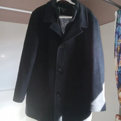 Pronto Uomo Mens Black Wool Pea Coat Jacket Double Collar Sz L - Image 1 of 4