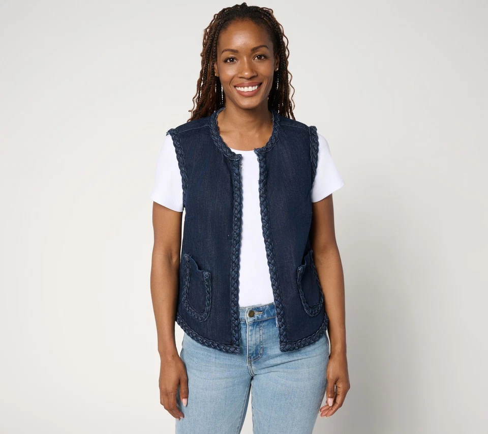 LOGO by Lori Goldstein Denim Vest with Braided Trim Dark Wash XS New - Image 1 of 1