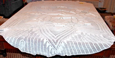 Tischdecke Häkeldecke Ø 1,70m weiß kräftige Baumwolle kl. Loch gr. Muster HB0071 - Bild 1 von 4