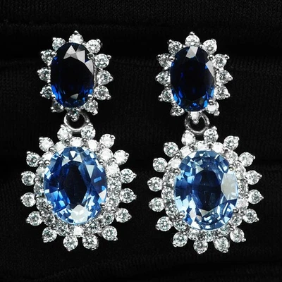 Orecchini in argento sterling 925 in oro bianco lussuoso zaffiro blu vivo... - Immagine 1 di 4