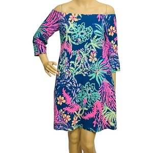 Abito Lilly Pulitzer Laurana spalle scoperte indaco colorato spiaggia costiera taglia L - Foto 1 di 13