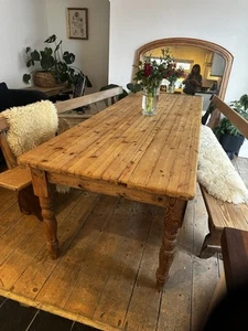 8 Foot Antique Rustic Pine Farmhouse Kitchen Dining Table & Benches Refurnished - Picture 1 of 16