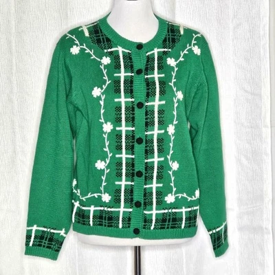 Suéter Cárdigan Pendleton Vintage Verde a Cuadros Bordado Floral Algodón Preppy Foto 1 de 4