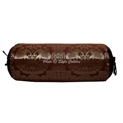Brown Bolster Cover Bolster Cover Brocade Jacquard Gypsy Tribal Hippie Pillow - Image 1 of 4