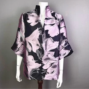 Misook jacket XL floral pink tulip sleeve Jacquard metallic black lavender - Picture 1 of 16