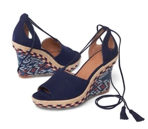 CABI boho navy blue Isla leather suede wedge espadrille tassels sandals size 9M - Picture 1 of 10