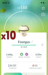 10x Foongus Pokemon Konvolut!! Gute Chance auf Glück und gute IVs!! Go - Bild 1 von 1