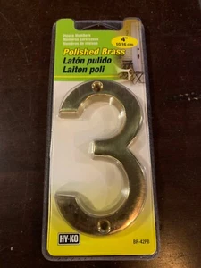 4" POLISHED BRASS HOUSE NUMBER "3" mounting screws included Hy-Ko BR-42PB - Picture 1 of 2