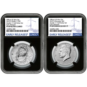 2019-S 50c Apollo 11 50° Ann. Mezzo Dollaro Set 2pz NGC PF69 ER Etichetta Blu Ret... - Foto 1 di 2