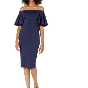 TRINA TURK Off the Shoulder Ruffle Sleeve Dress Navy Blue Size 12 - Picture 1 of 9