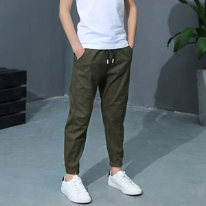 Kids Boy Pure Cargo Pants Cotton Casual Pants Drawstring Loose Jogging Work Pant - Picture 1 of 56