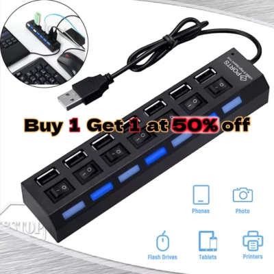 US 7 Port USB 2.0 Hub LED Powered High Speed Splitter Extender Multi Adapter - Image 1 of 4