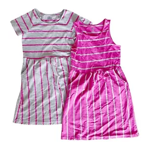 2 Old Navy Girls Dress Size 8 Short Sleeve Stretch Pink Gray Stripes Grey - Picture 1 of 4