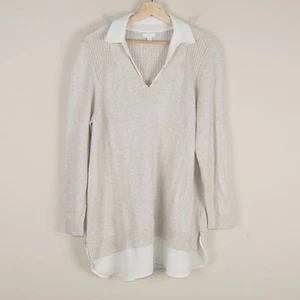 J Jill Contrast Collar Long Sleeve V Neck Knit Beige Oat Sweater Womens Sz XL - Picture 1 of 13