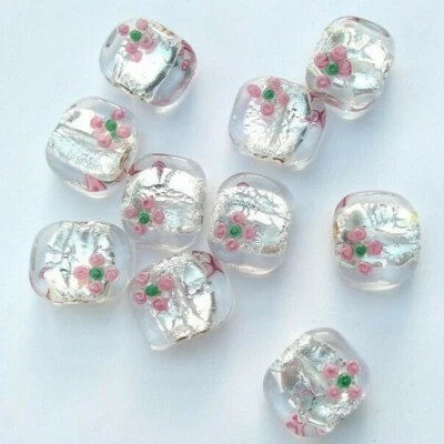 10 Square Clear Handmade Czech Glass Foil Lined Lampwork Beads  - Image 1 of 3