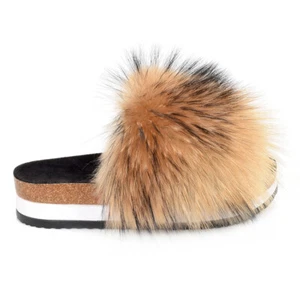 Plateau Pantoffeln mit Raccoon Fell Plattform Pantoletten Sandalen Pelz Latschen - Bild 1 von 3
