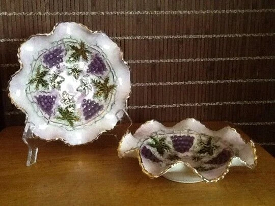 Набор из 2 майоликовых керамических вручную расписанных конфетных тарелок чаш виноградный дизайн золотой акцент - Изображение 1 из 4