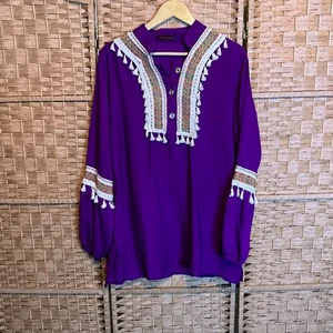 Dahab Purple Embroidered Tassel Tunic Blouse Top Women's Long Sleeve Boho Hippie - Picture 1 of 7