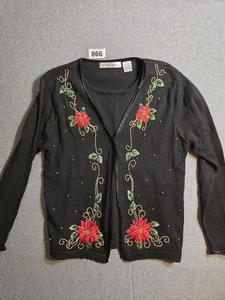 Womens Large Cardigan Ugly Christmas Builtin Undershirt Rich Grandma Poinsettia - Picture 1 of 6