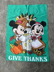 Vintage Give Thanks Disney House Flag Mickey Minnie Mouse Thanksgiving Pilgrims - Picture 1 of 6