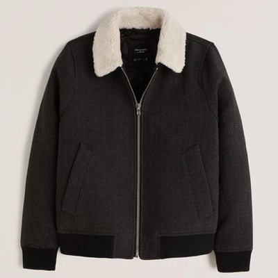 Abercrombie & Fitch Jacket Aviator Sherpa Collar Wool Blend Grey Herringbone L - Image 1 of 4