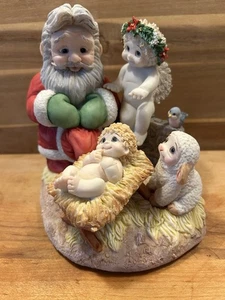 Dreamcicles Figur 1999 Weihnachtsmann beim Gebet mit Baby Engel blauer Vogel Kunstguss EUC - Bild 1 von 14