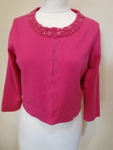 L.K. BENNETT HOT PINK CROPPED CARDIGAN WITH BEADED COLLAR DETAIL - SIZE LARGE - Picture 1 of 8