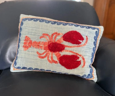 World Market Blue & Red Lobster Embroidered Indoor Outdoor Lumbar Pillow Cover - Image 1 of 4