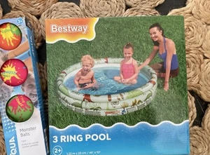 Bestway 3-Ring Round Inflatable Dinosaur Paddling Pool & Splash Monster Balls - Picture 1 of 2