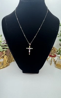 Signed Sorrelli Austrian Crystal Multicolor Cross Necklace 18" Long - Image 1 of 4