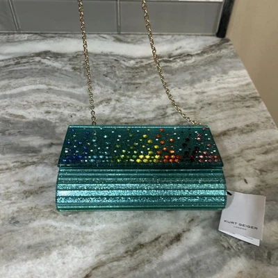 KURT GEIGER LONDRES CRISTAL ENFEITADO ENVELOPE FESTA EMBREAGEM Corrente Turquesa - Imagem 1 de 4