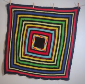 Boho Retro Crochet Afghan Blanket Throw Vintage 48” X 48” Square Black & Squares